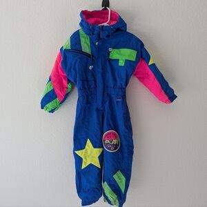 Vintage 80s Ossi Skiwear Toddler 2T-3T Full Snowsuit Hood Fleece Insulated Neon